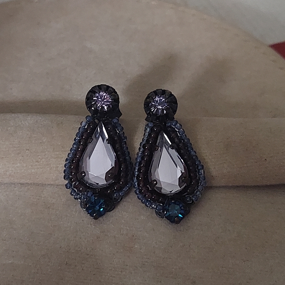 Estate Cobalt Purple & Green Black Brass CZ stone Evening Beaded Earrings